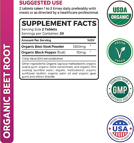 Organic Beet Root Powder 120 Tablets 1350mg Beets Per Serving with Black Pepper I156144