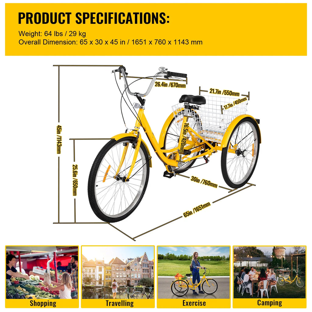 26in 7 Speed 3-Wheels Adult Tricycle with Basket M3652