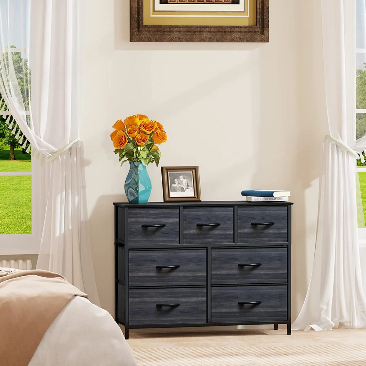 7 Drawer Fabric Dresser with Steel Frame and Wooden Top U525