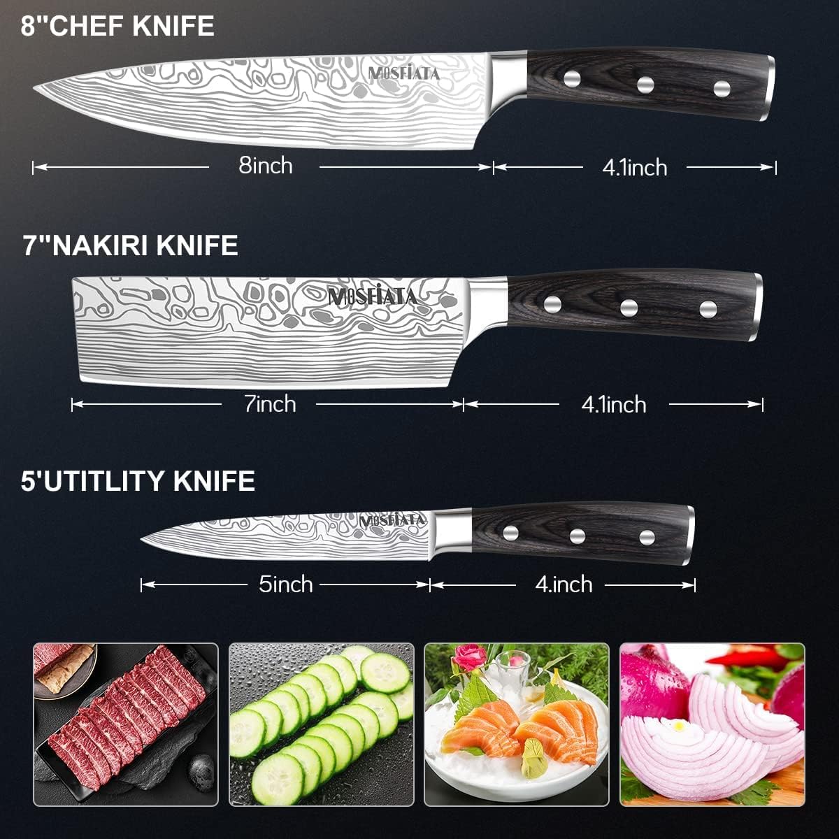 3 PCS German High Carbon Stainless Steel Chef Knife Set with Magnetic Knife Block H9151