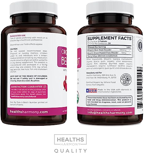 Organic Beet Root Powder 120 Tablets 1350mg Beets Per Serving with Black Pepper I156144