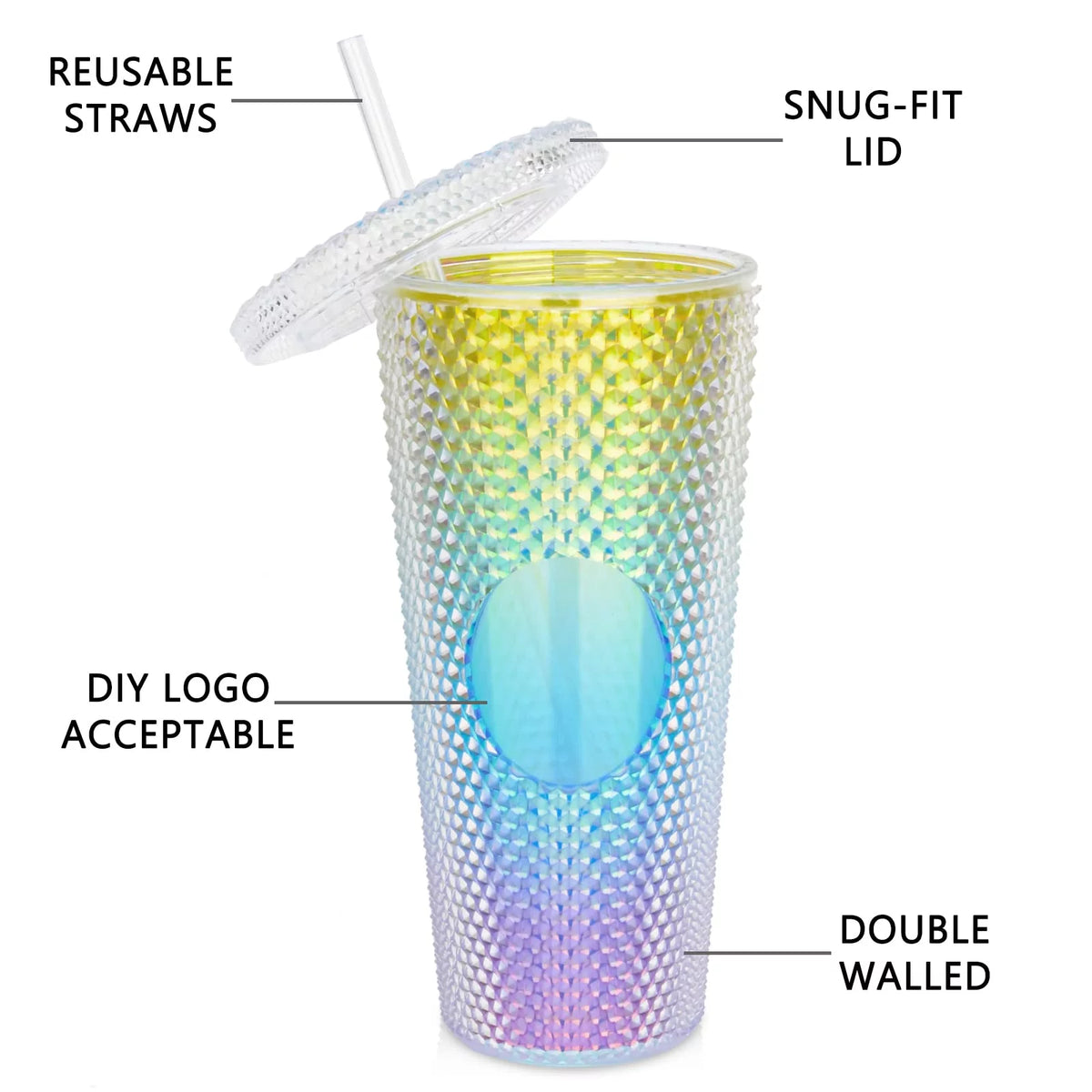 Studded Tumbler with Straw, Double Walled Iridescent 24oz BPA Free G25131
