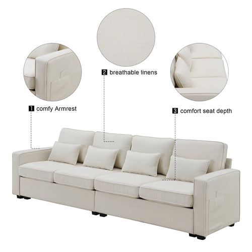 104" 4-Seater Linen Fabric Sofa with Armrest Pockets and 4 Pillows N71374