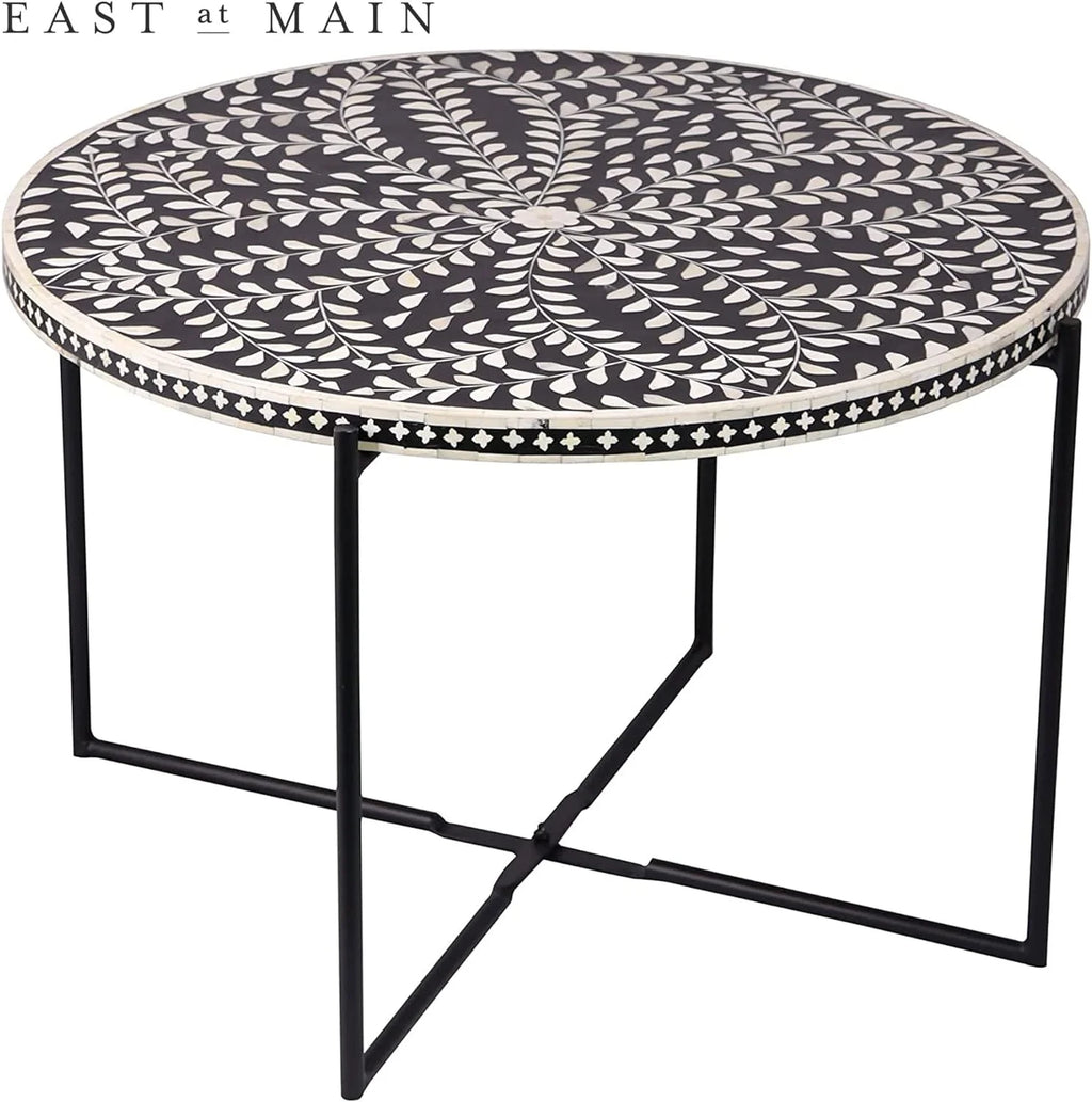 Round Coffee Table 30”W X 19”H Wooden Floral Top Metal Legs Black W74938