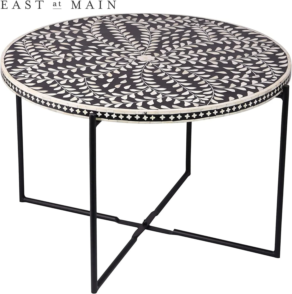 Round Coffee Table 30”W X 19”H Wooden Floral Top Metal Legs Black W74938