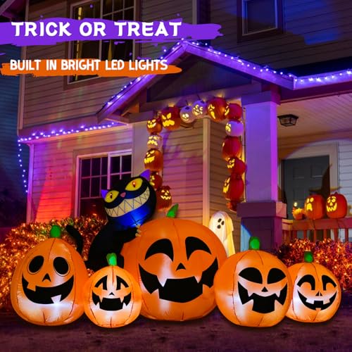 8FT Long Halloween Inflatables 5Pcs Pumpkins with Black Cat Built-in Led Light N157299