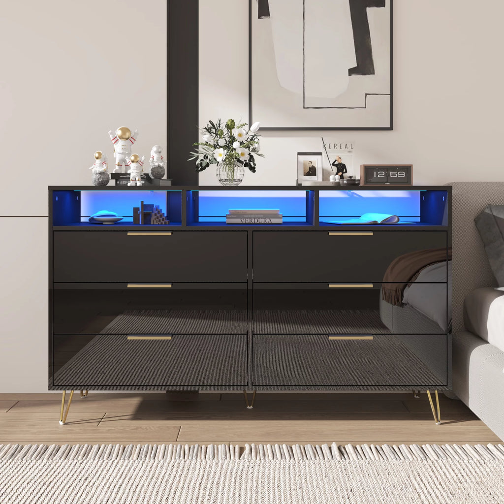White 6 Drawer Wood Dresser with LED Lights T136484