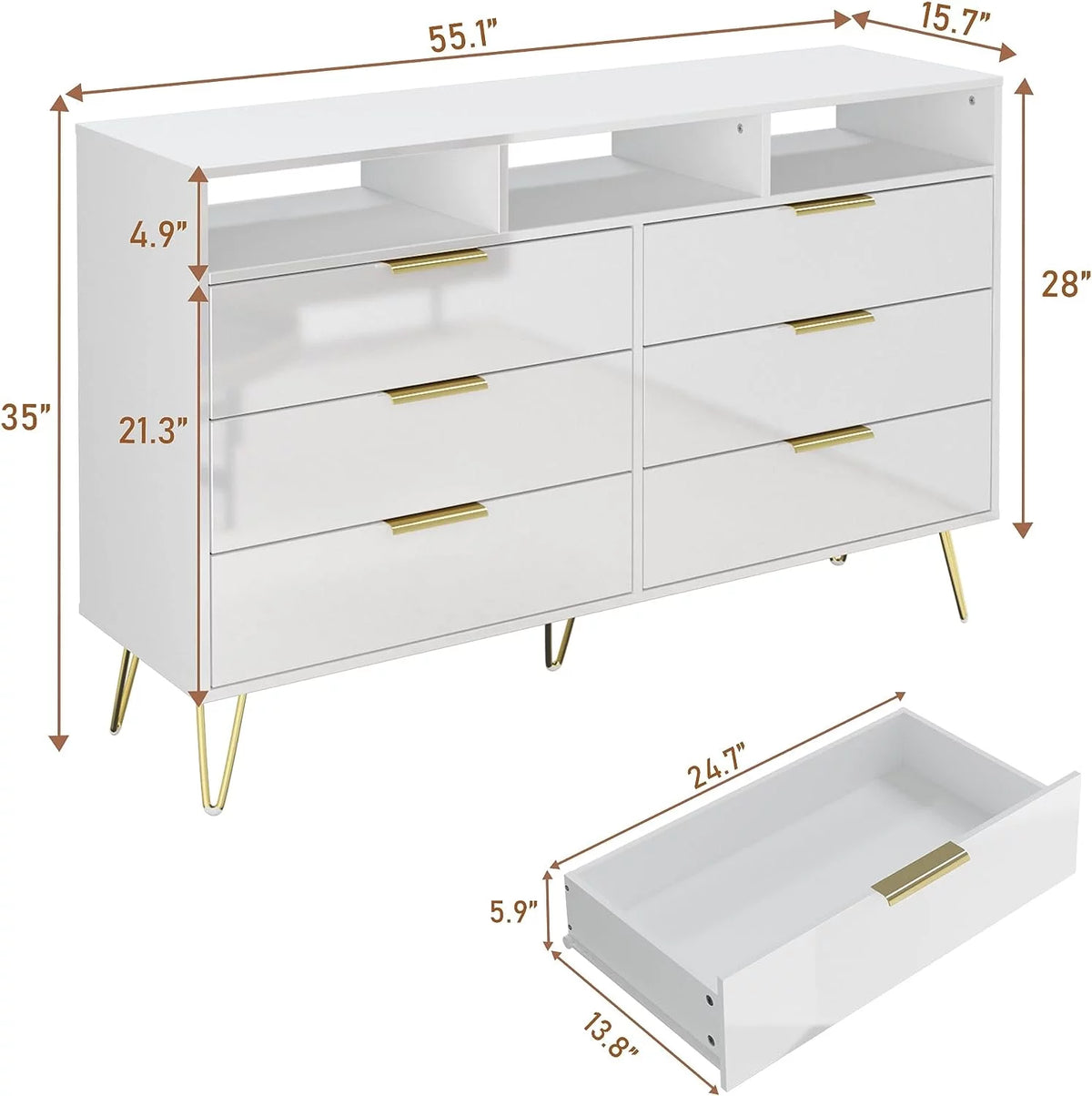White 6 Drawer Wood Dresser with LED Lights T136484