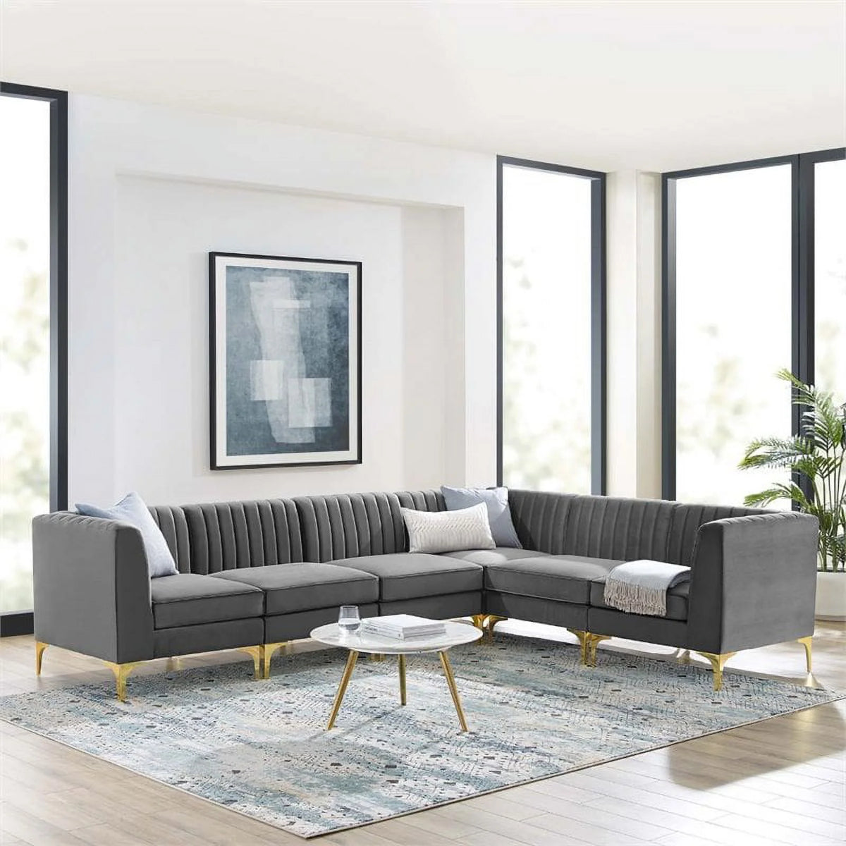6-Piece Channel Performance Velvet Tufted Sectional Sofa in Gray Q78224