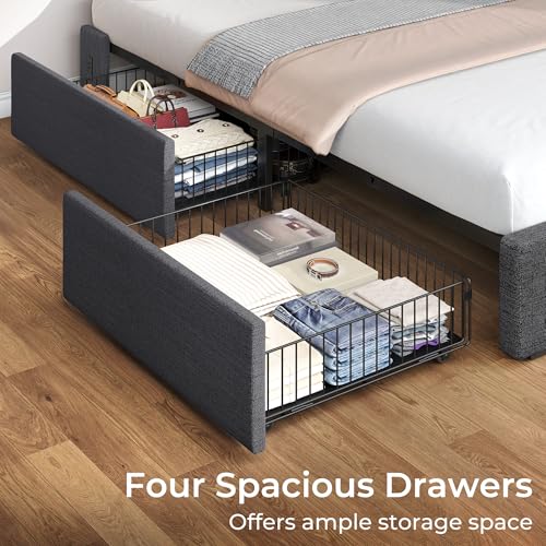 Black Twin Size Upholstered Platform Bed Frame with 4 Storage Drawers I4536