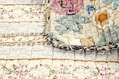 3-Piece Beige Blue Floral Cotton Reversible Queen Quilt Bedding Set H22447
