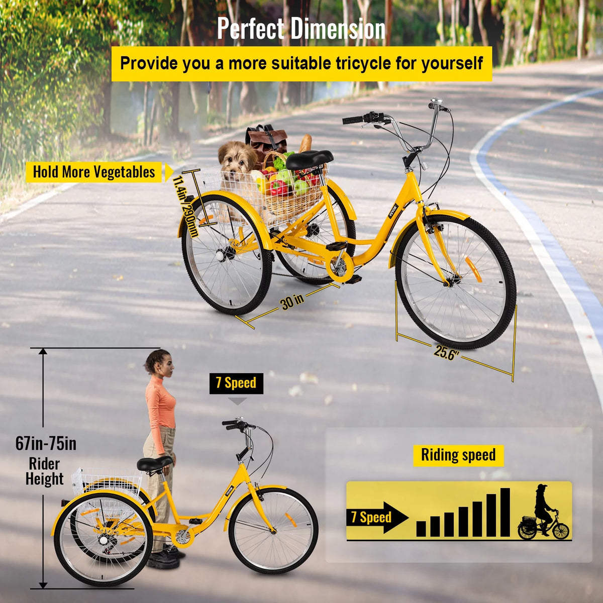 26in 7 Speed 3-Wheels Adult Tricycle with Basket M3652