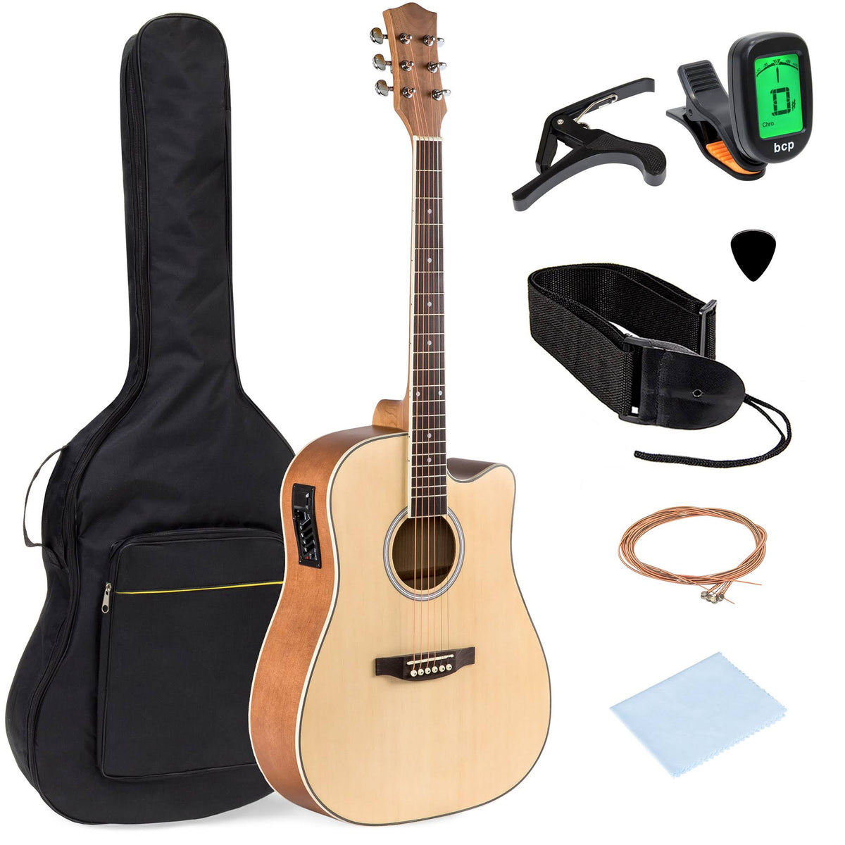 Natural Acoustic Electric Cutaway Guitar Set with Capo, E-Tuner, Bag, Picks, Strap K478751