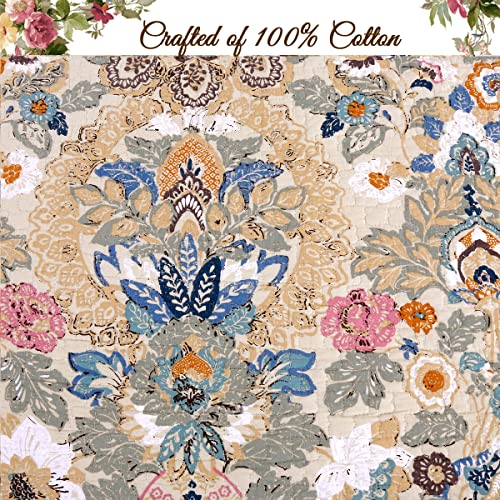 3-Piece Beige Blue Floral Cotton Reversible Queen Quilt Bedding Set H22447