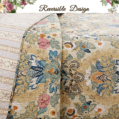 3-Piece Beige Blue Floral Cotton Reversible Queen Quilt Bedding Set H22447