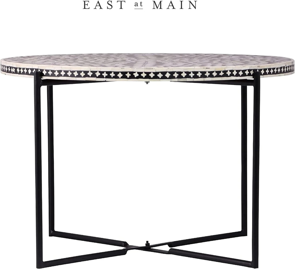 Round Coffee Table 30”W X 19”H Wooden Floral Top Metal Legs Black W74938