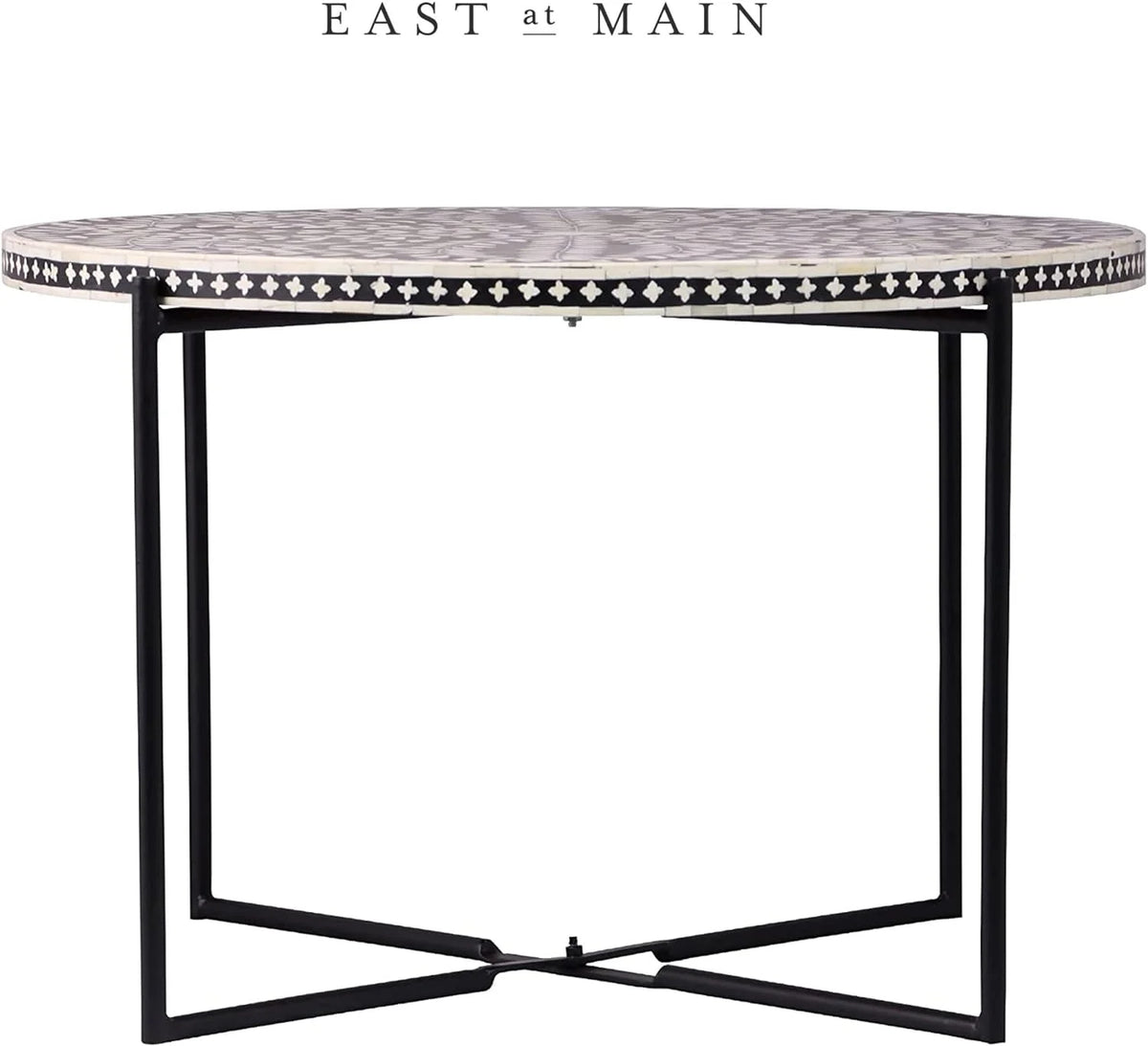 Round Coffee Table 30”W X 19”H Wooden Floral Top Metal Legs Black W74938