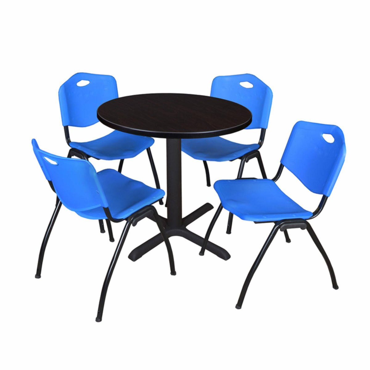 Mocha Walnut Round Breakroom Table and 4 Black Stack Chairs O9662