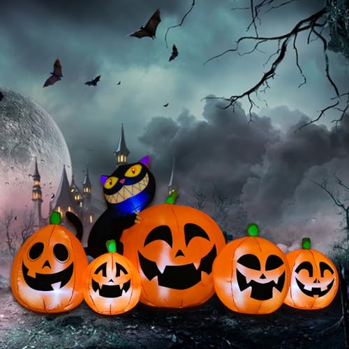 8FT Long Halloween Inflatables 5Pcs Pumpkins with Black Cat Built-in Led Light N157299