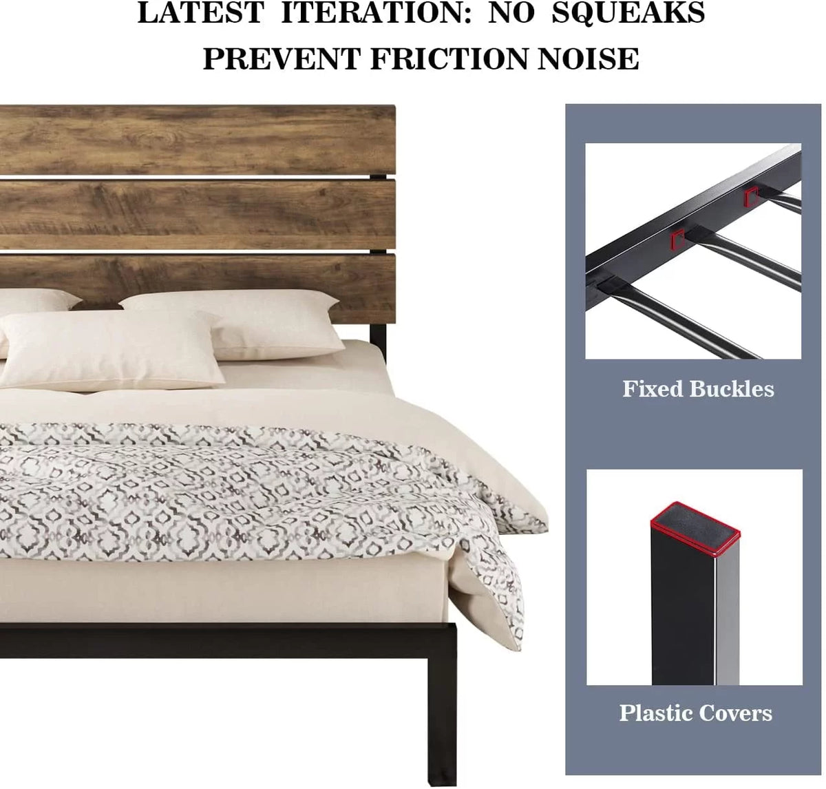 Queen Size Rustic Industrial Platform Bed Frame with Wood Headboard T93618