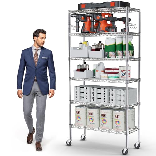 5 Tier Heavy Duty Metal Rolling Shelving Unit with Wheels & 8 Hooks, Black Y113647