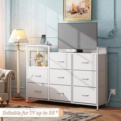 White 8 Drawer Fabric Dresser with Charging Station B7568