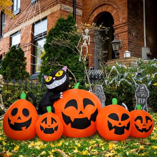 8FT Long Halloween Inflatables 5Pcs Pumpkins with Black Cat Built-in Led Light N157299