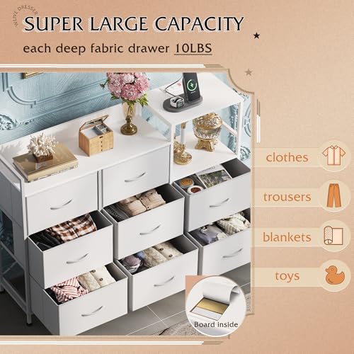 White 8 Drawer Fabric Dresser with Charging Station B7568