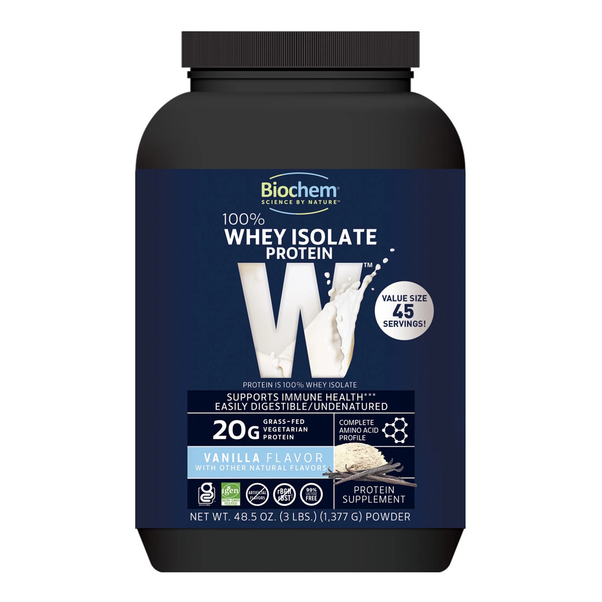100% Whey Protein Vanilla 20g 48.5oz Vegetarian Gluten Free Non-GMO Grass-Fed D4184