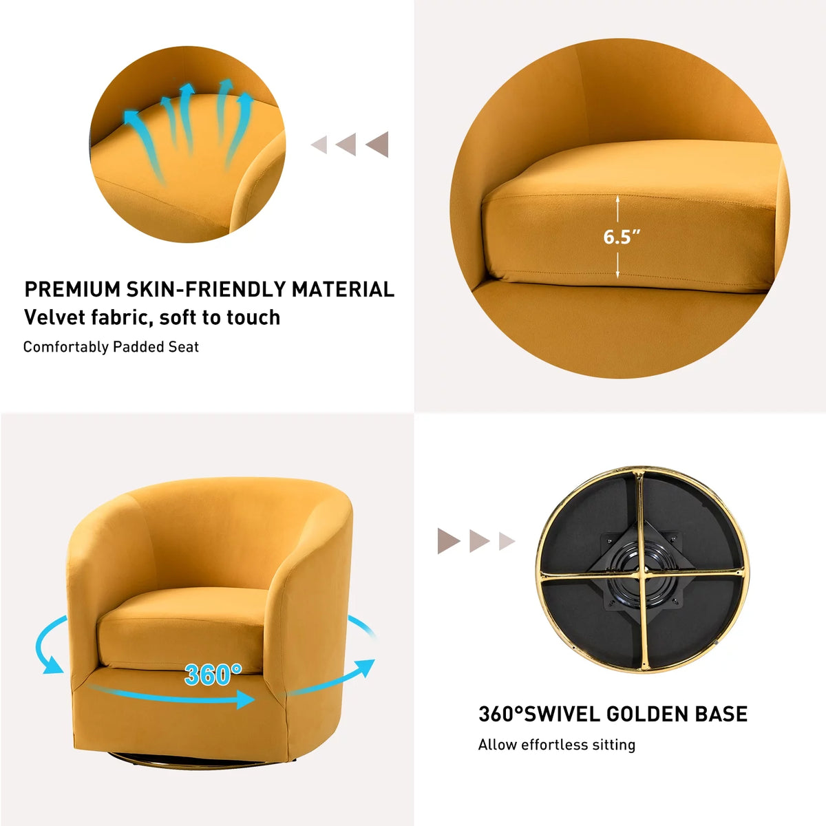 Velvet Swivel Barrel Chair Set of 2 Yellow F707