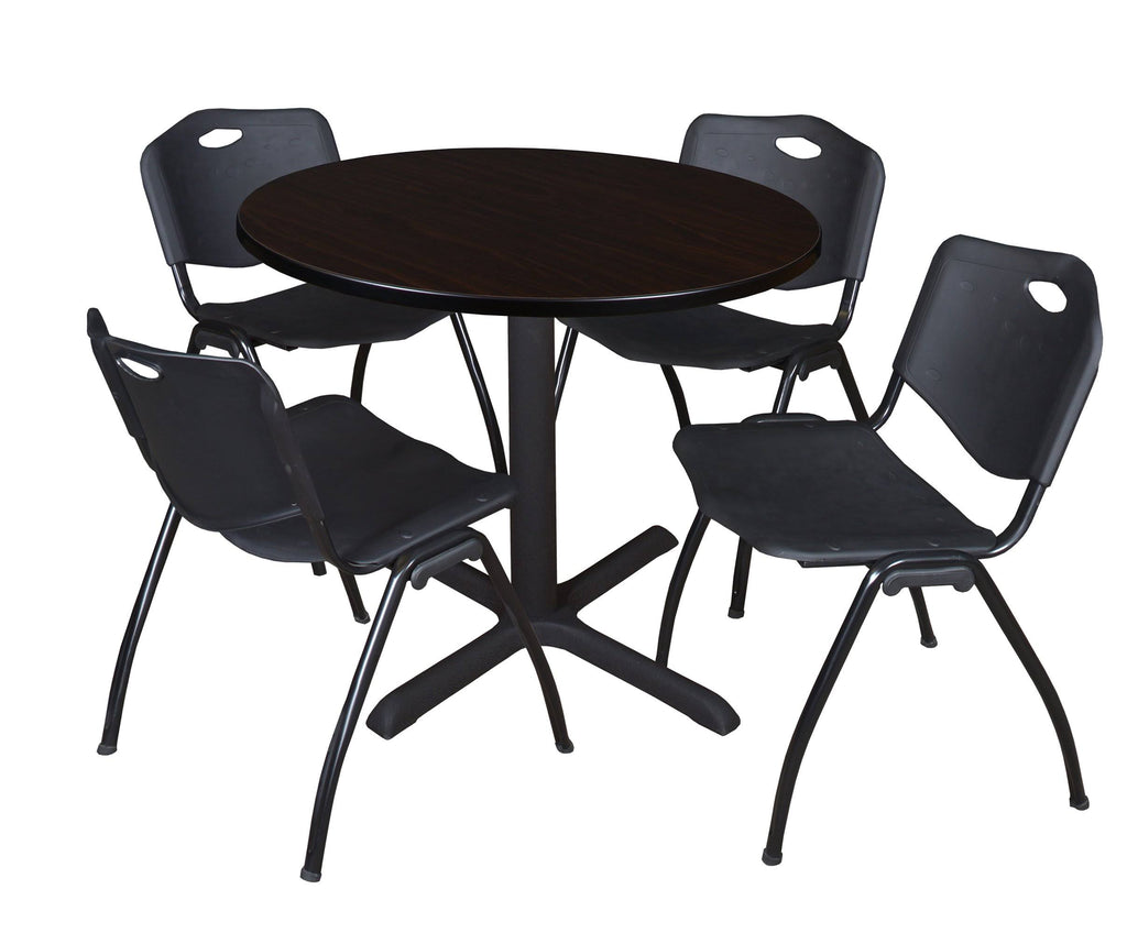 Mocha Walnut Round Breakroom Table and 4 Black Stack Chairs O9662