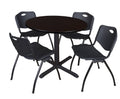 Mocha Walnut Round Breakroom Table and 4 Black Stack Chairs O9662