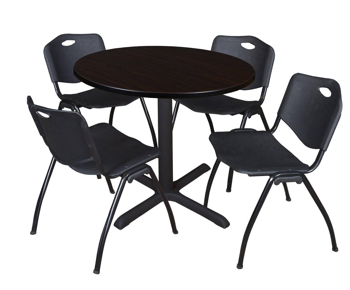 Mocha Walnut Round Breakroom Table and 4 Black Stack Chairs O9662
