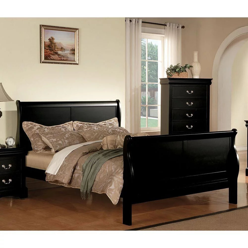 Queen Panel Bed 3pc Set with 2 Nightstands Black Finish U2879