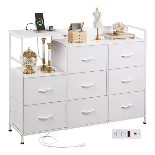 White 8 Drawer Fabric Dresser with Charging Station B7568