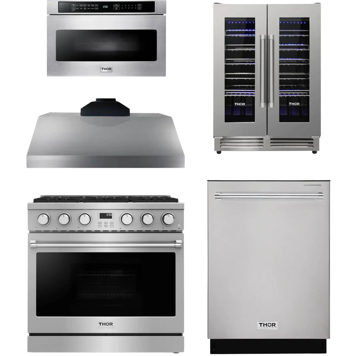 36 Gas Range, Range Hood, Dishwasher, Microwave and Wine Cooler T459