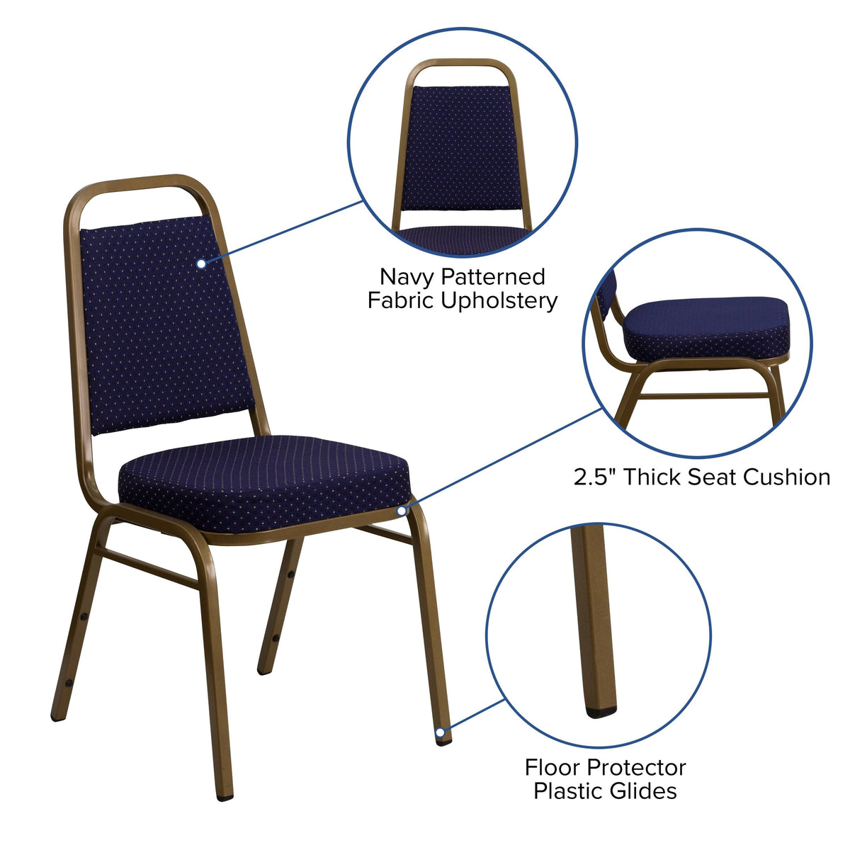 Stacking Banquet Chair with 2.5 inch Thick Seat Navy Patterned Fabric/Gold Frame X443
