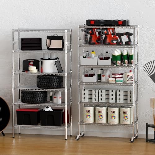 5 Tier Heavy Duty Metal Rolling Shelving Unit with Wheels & 8 Hooks, Black Y113647