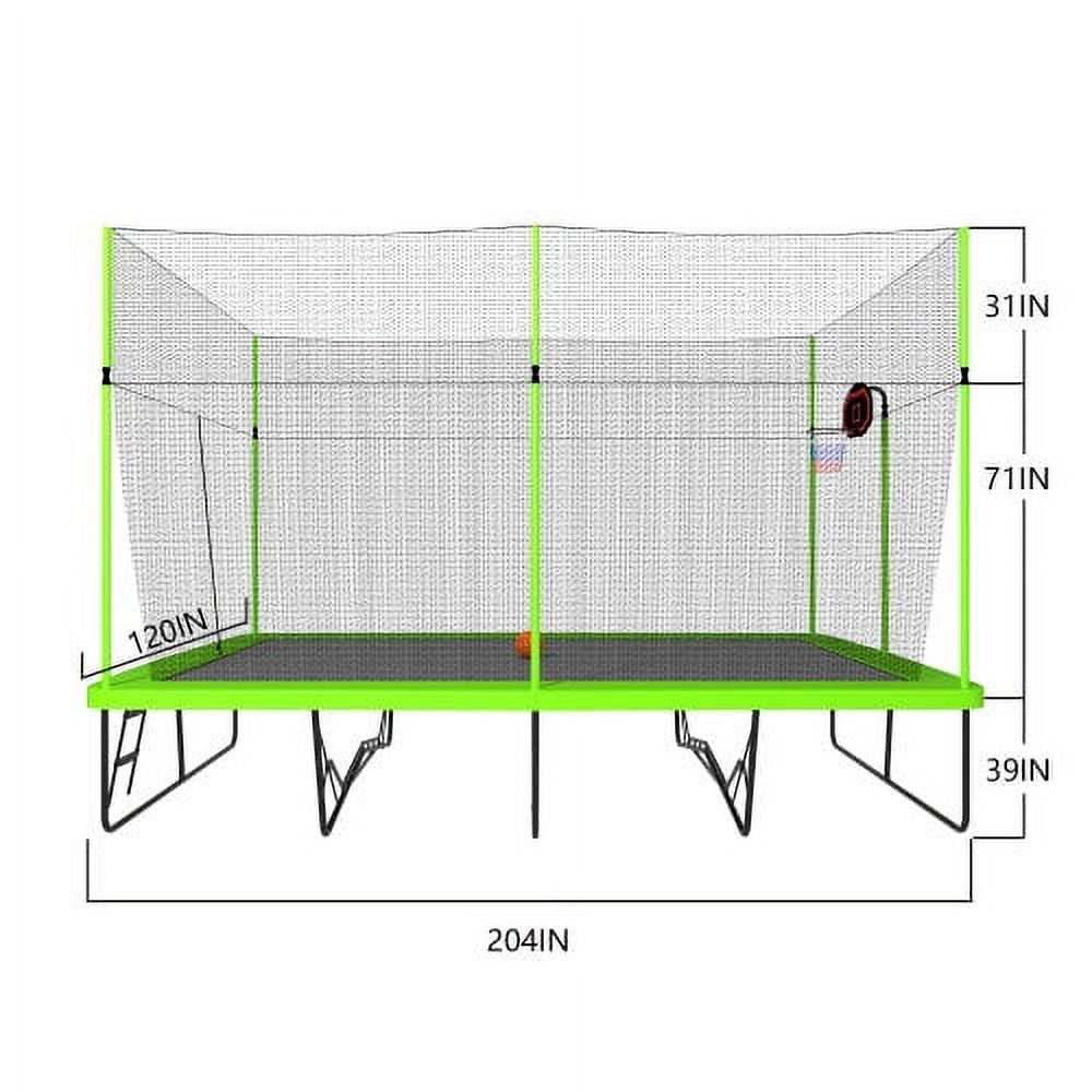 10ft by 17ft Rectangular Trampoline with Green Fabric Black Powder-coated Galvanized Steel Tubes with Basketball Hoop System G4614