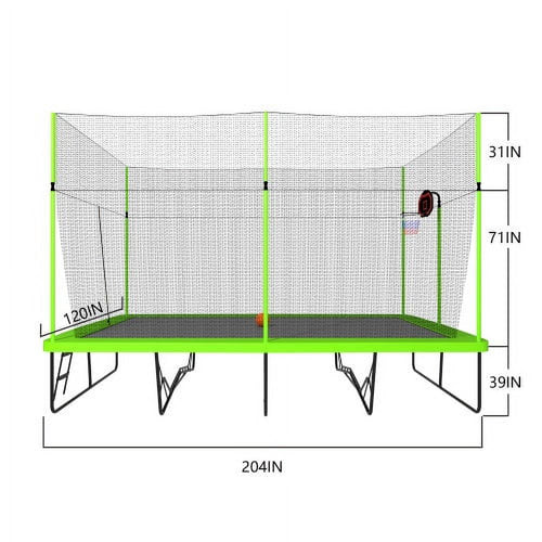 10ft by 17ft Rectangular Trampoline with Green Fabric Black Powder-coated Galvanized Steel Tubes with Basketball Hoop System G4614