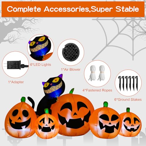 8FT Long Halloween Inflatables 5Pcs Pumpkins with Black Cat Built-in Led Light N157299
