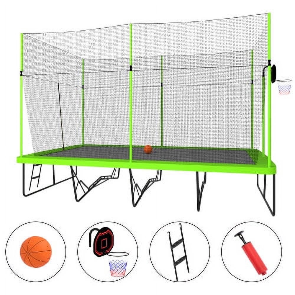10ft by 17ft Rectangular Trampoline with Green Fabric Black Powder-coated Galvanized Steel Tubes with Basketball Hoop System G4614