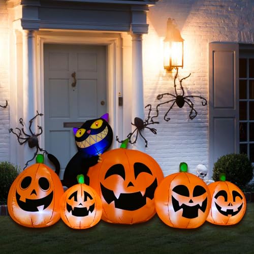 8FT Long Halloween Inflatables 5Pcs Pumpkins with Black Cat Built-in Led Light N157299