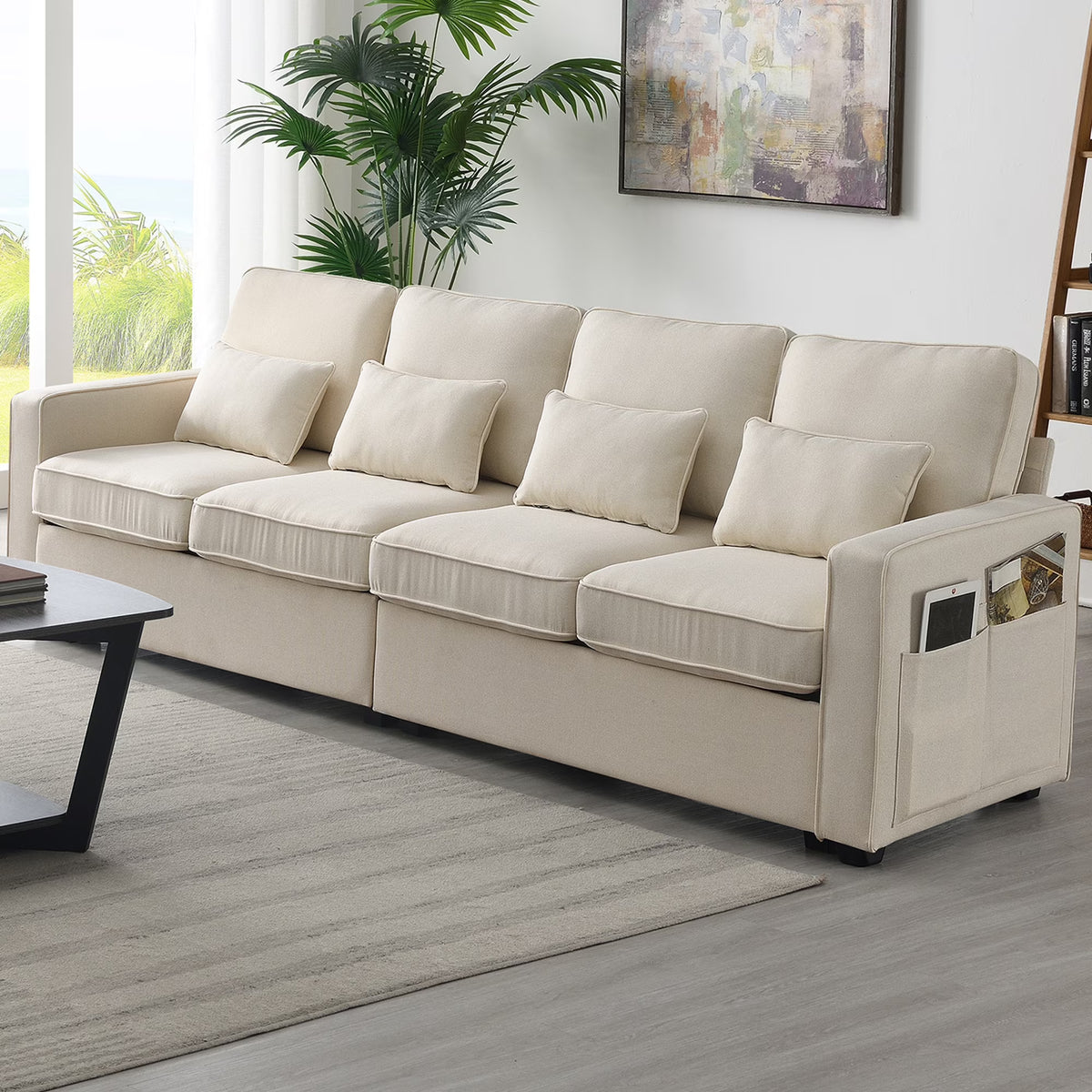 104" 4-Seater Linen Fabric Sofa with Armrest Pockets and 4 Pillows N71374