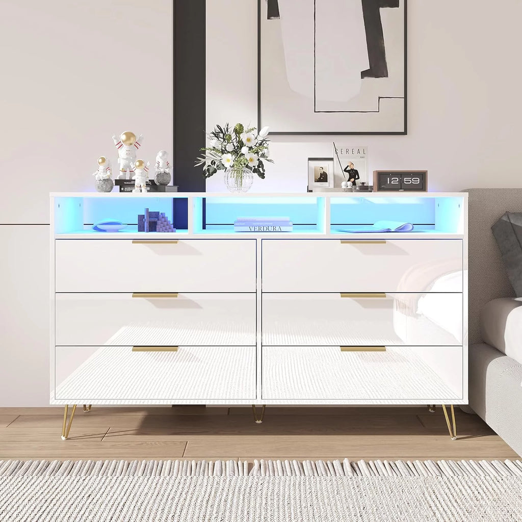 White 6 Drawer Wood Dresser with LED Lights T136484
