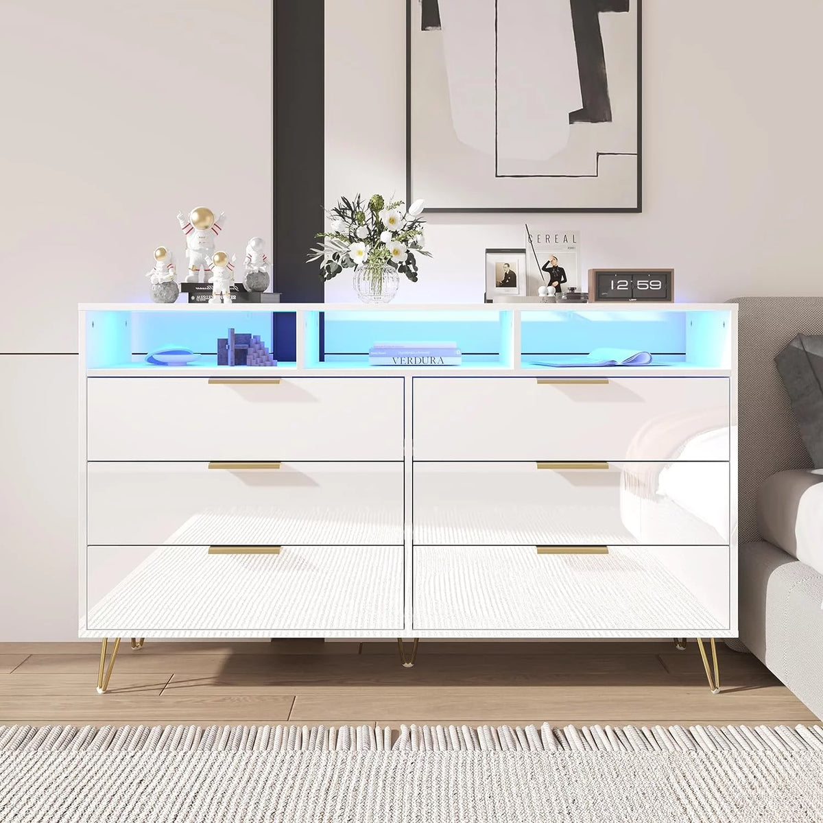 White 6 Drawer Wood Dresser with LED Lights T136484