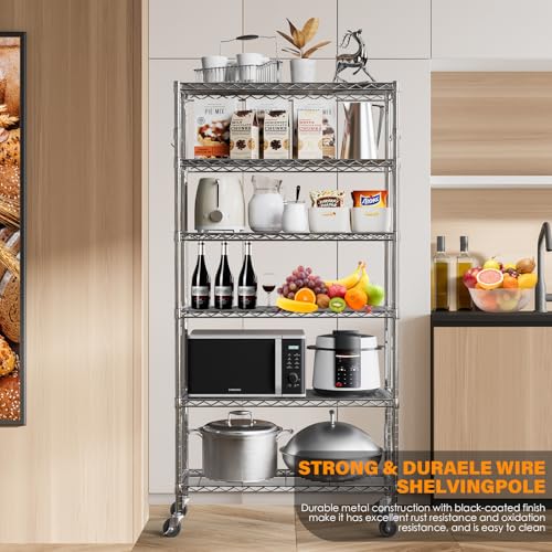 5 Tier Heavy Duty Metal Rolling Shelving Unit with Wheels & 8 Hooks, Black Y113647