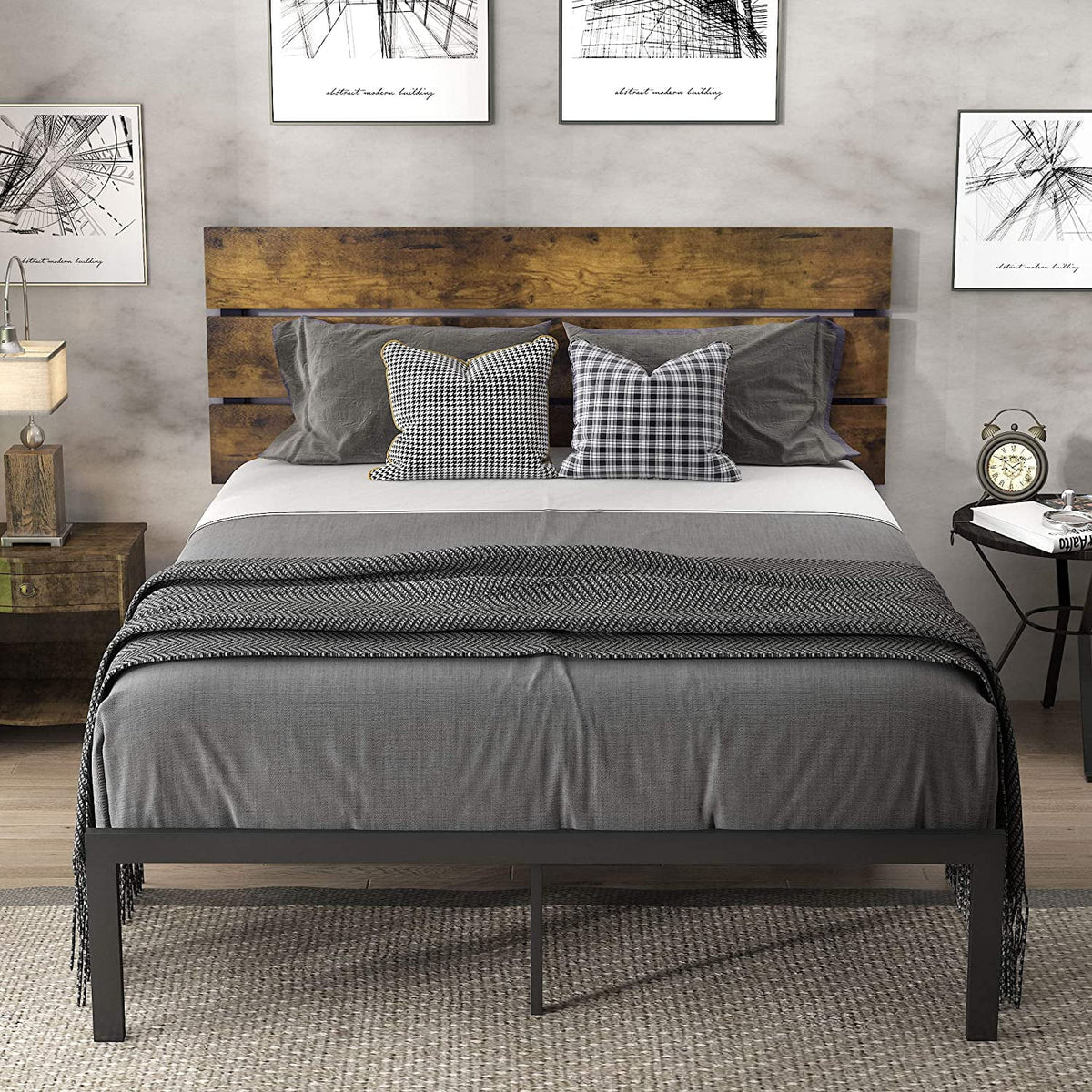 Queen Size Rustic Industrial Platform Bed Frame with Wood Headboard T93618