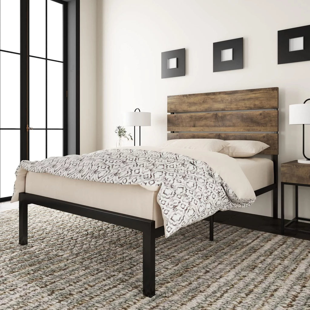 Queen Size Rustic Industrial Platform Bed Frame with Wood Headboard T93618