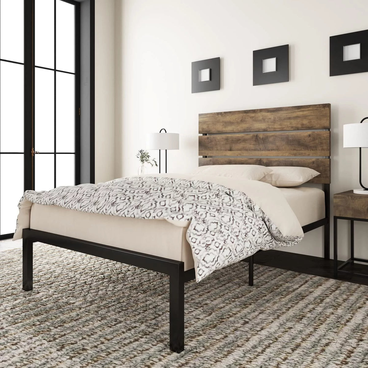 Queen Size Rustic Industrial Platform Bed Frame with Wood Headboard T93618